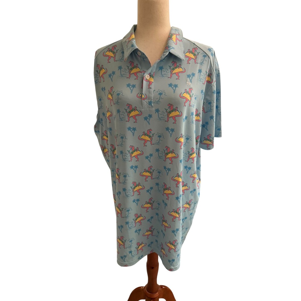 Tipsy Elves Mens XL Golf Polo Blue Taco Dinosaur T-Rex Print Short Sleeve Shirt